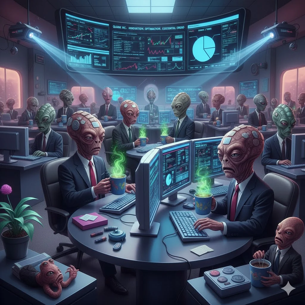 Alien office workers wearing suits, using computers