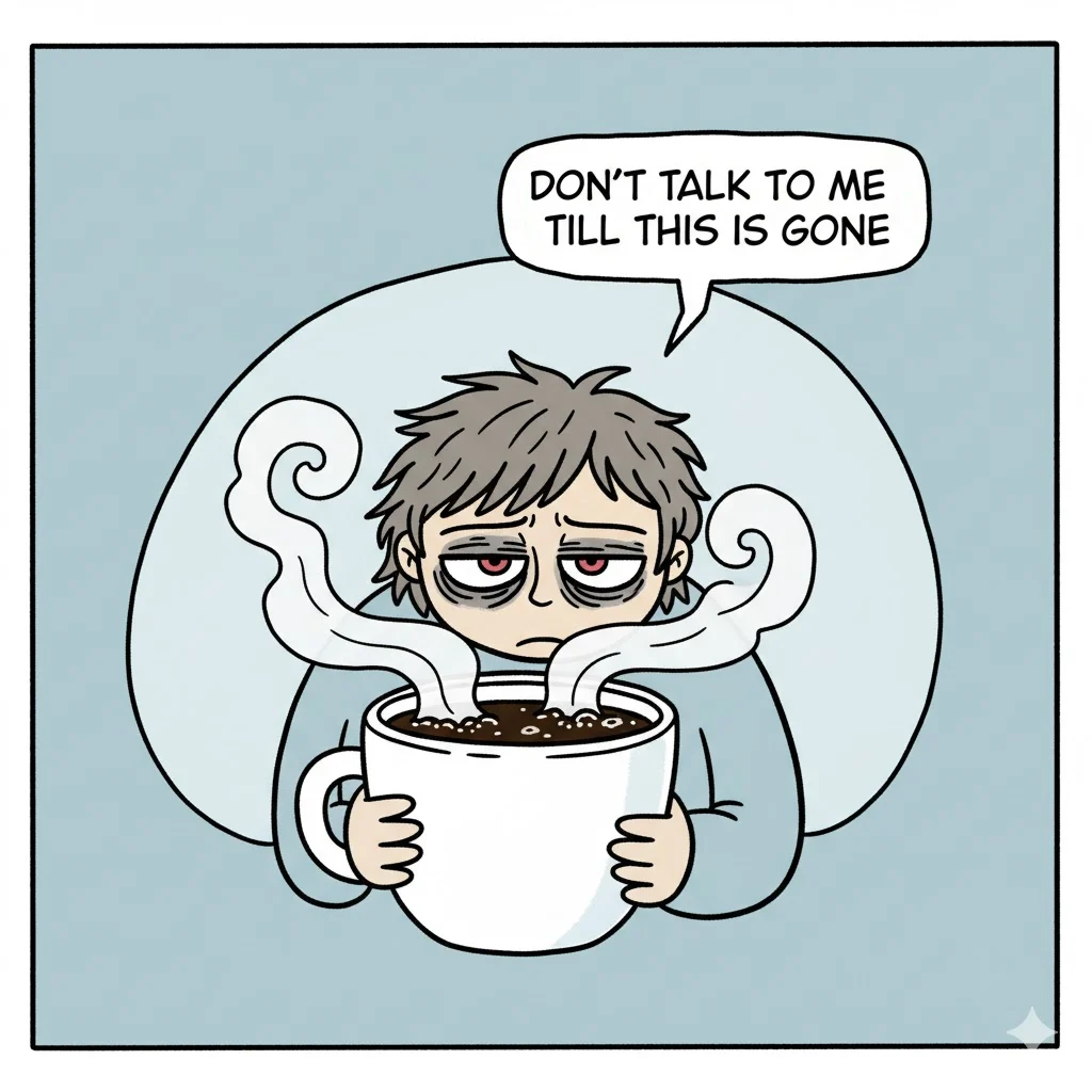 Cartoon character holding a giant cup of coffee with tired eyes