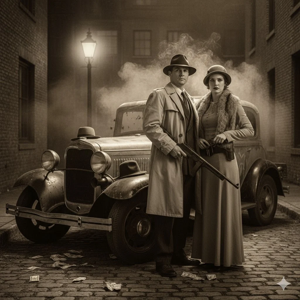 Classic couples Halloween costumes Bonnie and Clyde vintage style.