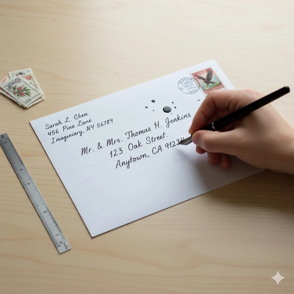 Close-up top-down photo of a hand writing the recipient’s address on an envelope with return address and stamp visible.