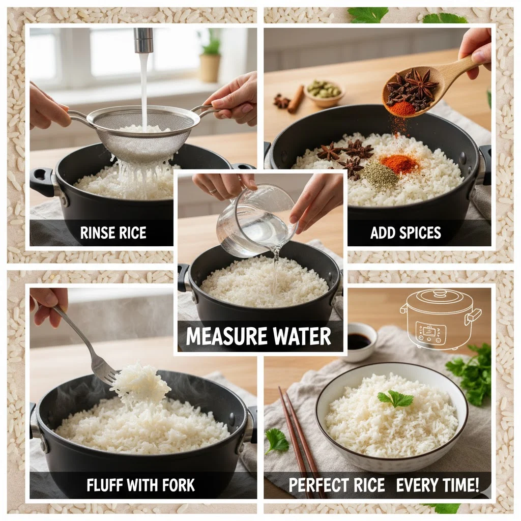 Collage showing rice cooking tips: rinsing, adding spices, measuring water, fluffing with fork
