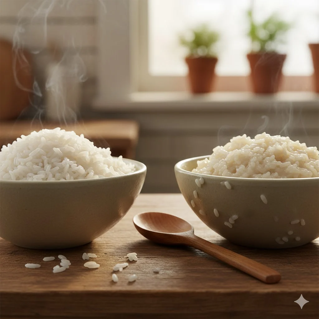 Comparison of perfectly cooked fluffy rice and overcooked mushy rice in bowls on a wooden table