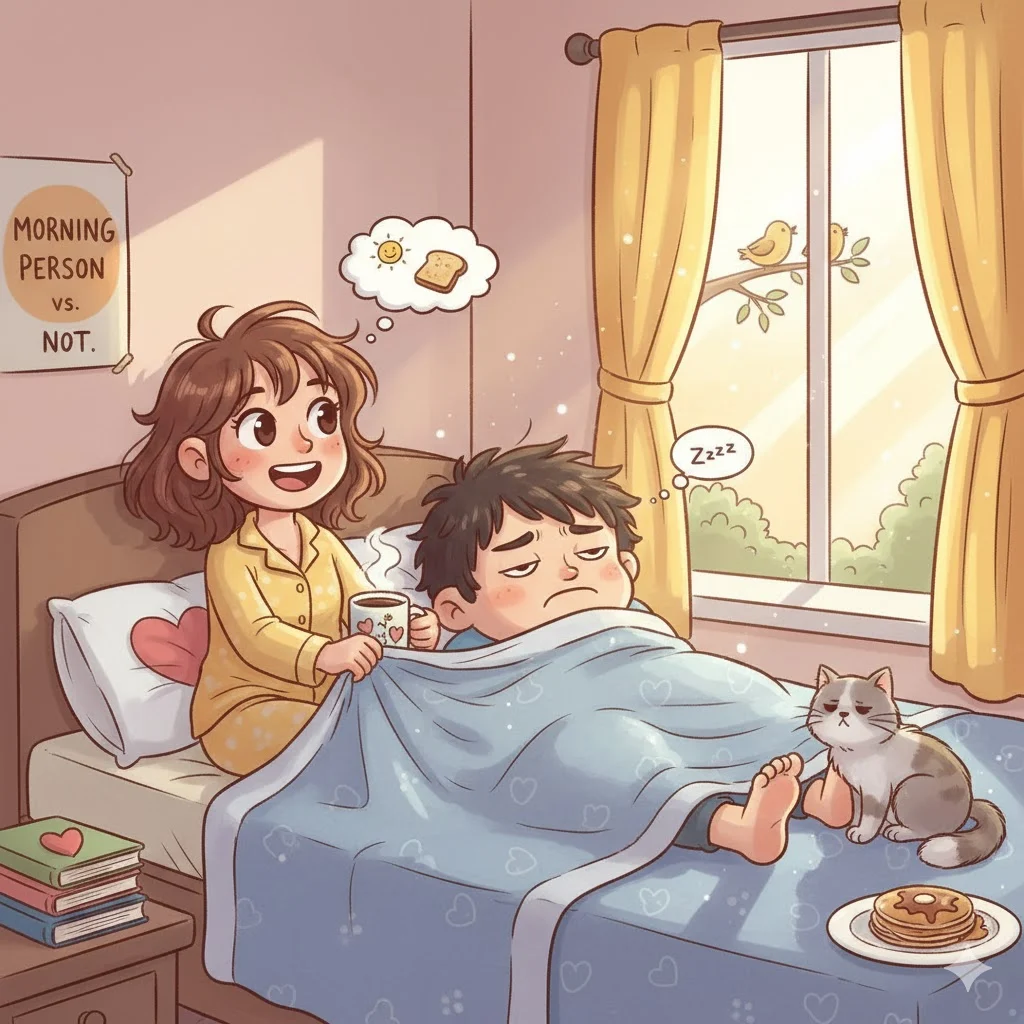 Couple waking up with funny morning contrast