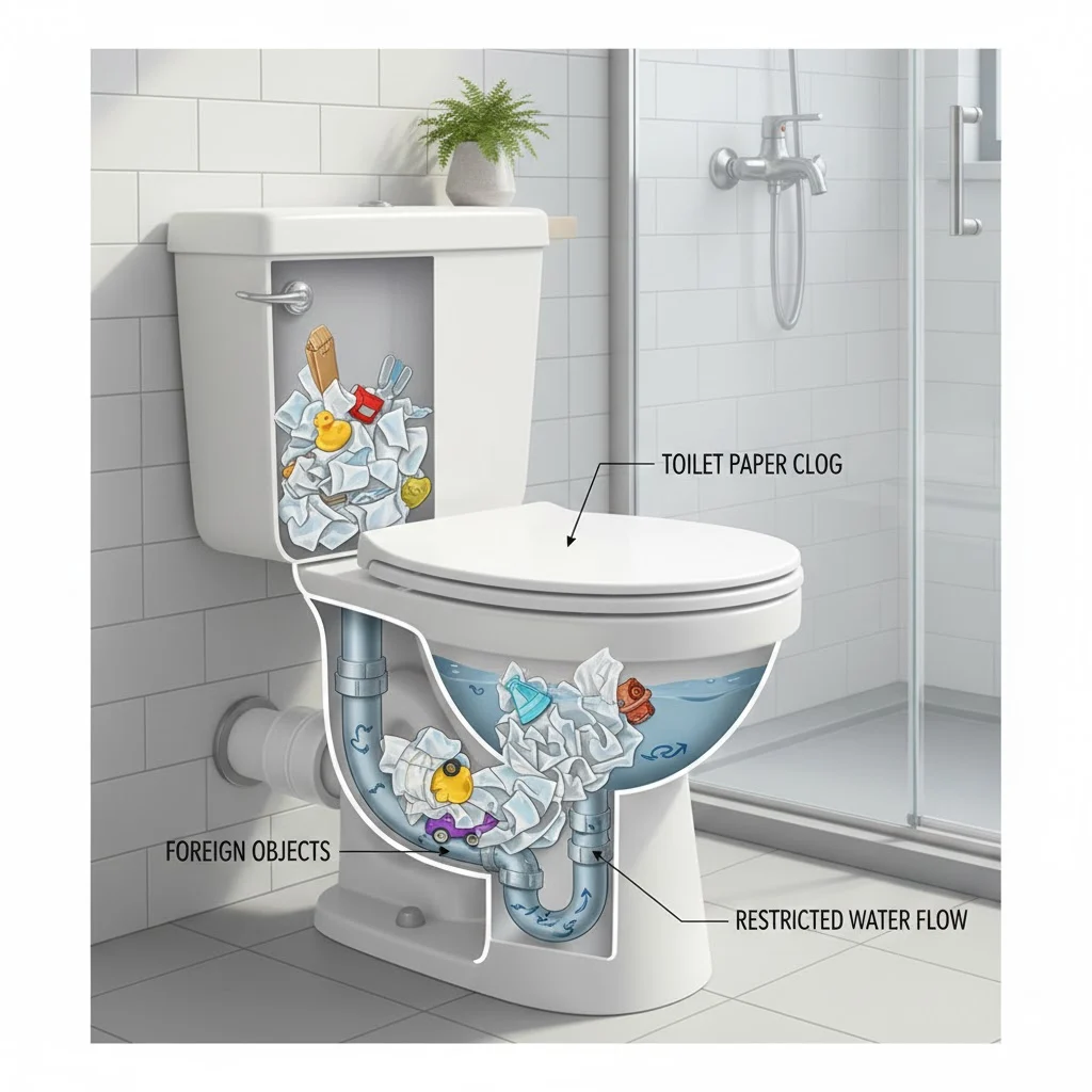 Cutaway view of a toilet showing blockages and objects causing clog