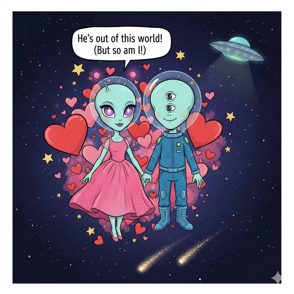 Cute alien couple floating in space holding hands