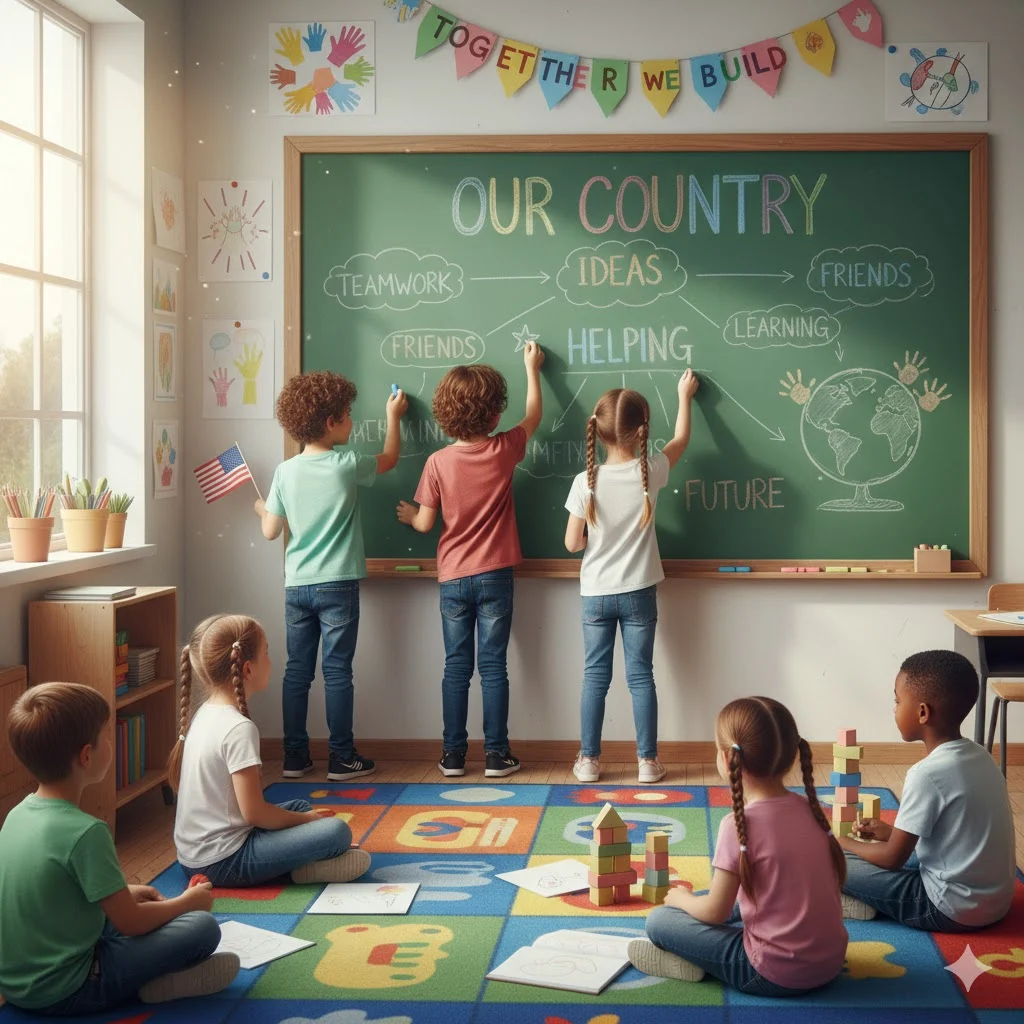 Cute classroom with kids discussing ideas on a chalkboard labeled ‘Our Country,’ symbolizing teamwork