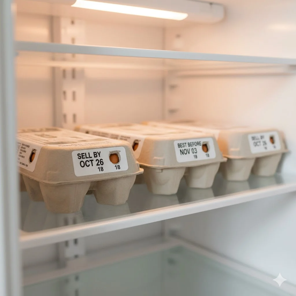 Egg carton with sell-by and best-before dates — understanding egg freshness labels