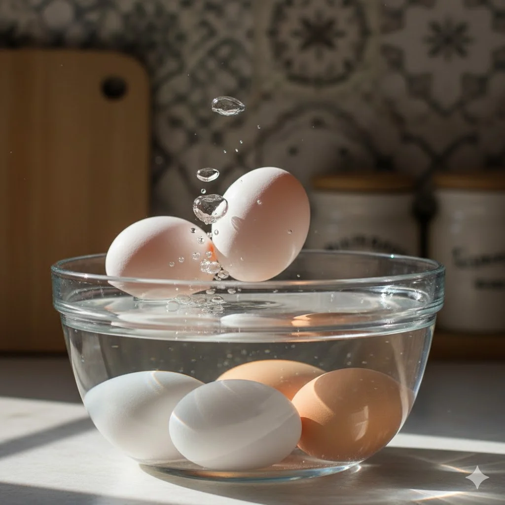 Egg float test — eggs floating and sinking to show freshness.