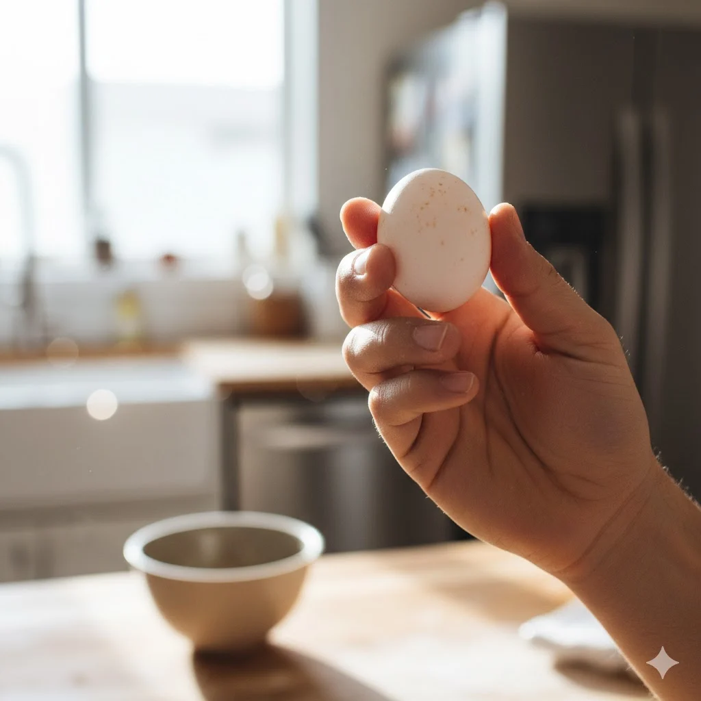 Egg shake test — checking freshness by gently shaking egg.