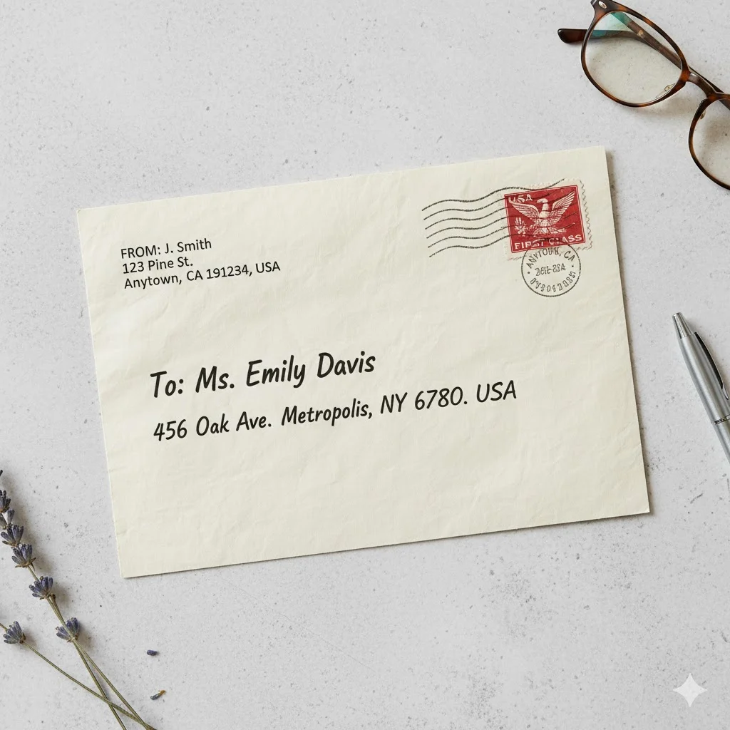 Envelope address placement guide showing correct layout.