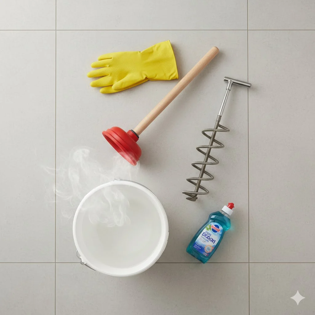 Flat lay of tools needed to unclog a toilet including plunger, auger, gloves, bucket, and dish soap