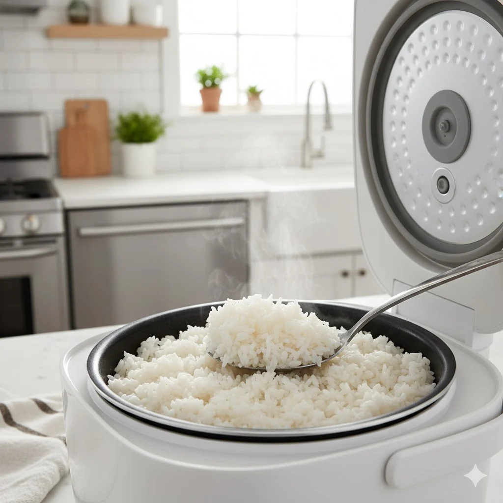 Fluffy cooked rice inside an electric rice cooker with spoon