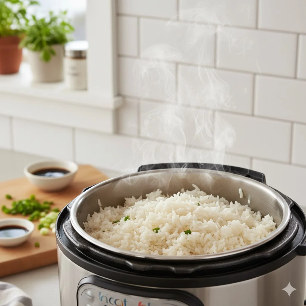 Fluffy rice inside an Instant Pot with steam rising in kitchen setting
