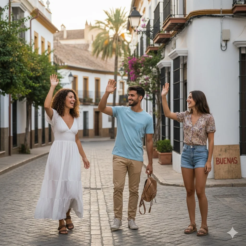 Friends greeting with Buenas in Spain
