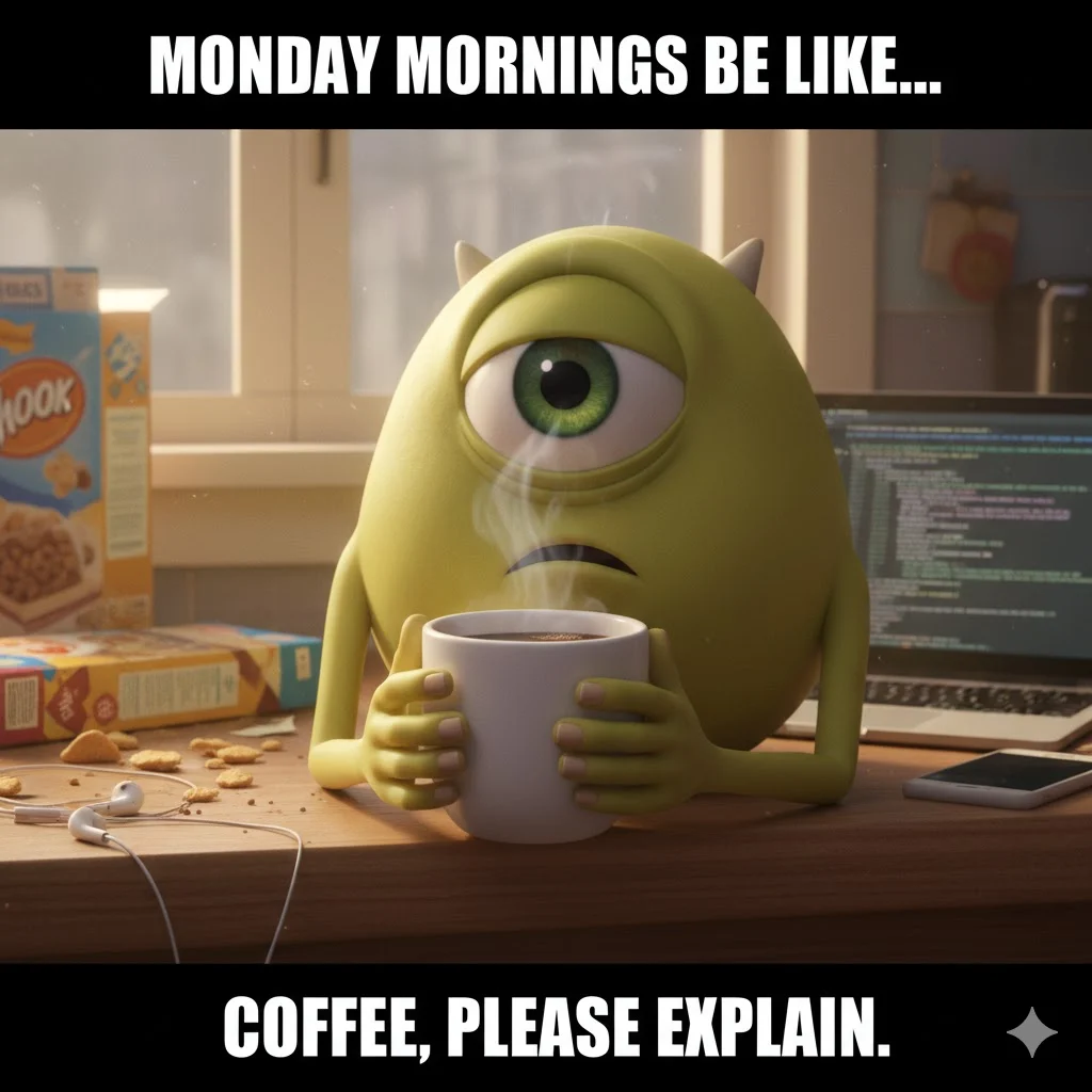 Funny Mike Wazowski meme scene showing him looking tired and confused