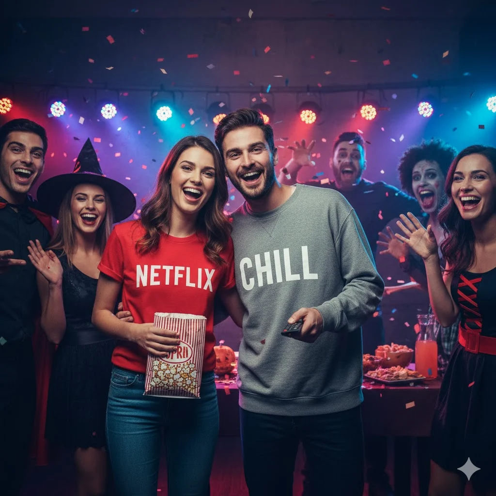 Funny couples Halloween costume idea Netflix and Chill outfit.