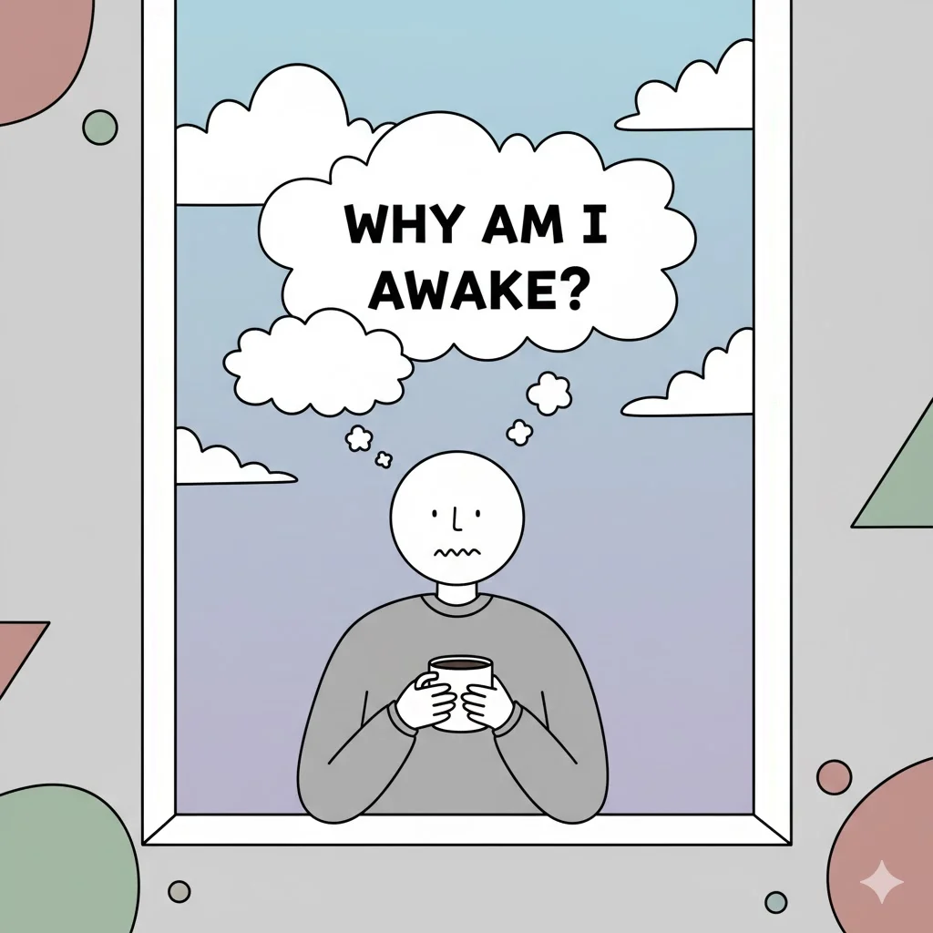 Funny existential morning thought meme illustration.
