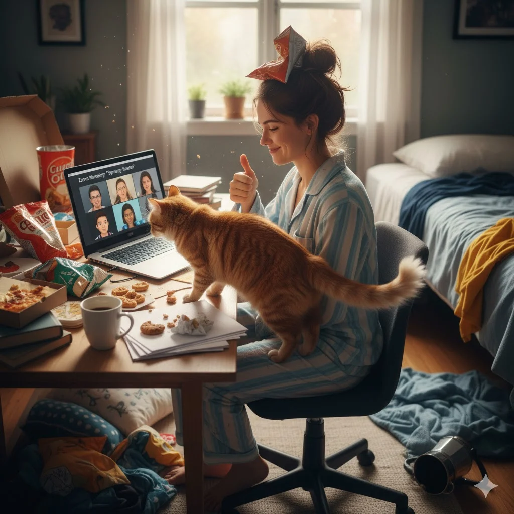 Funny home office scene with laptop, snacks, and pajamas, person pretending to work on Zoom call