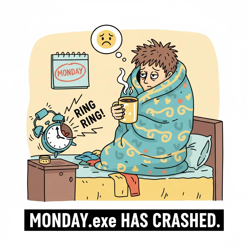 Funny meme-style illustration of a sleepy person wrapped in a blanket with messy hair