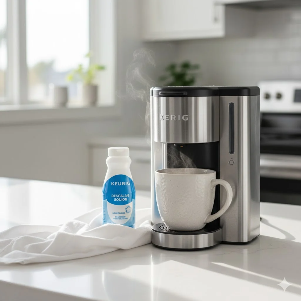 Keurig coffee maker being descaled with solution