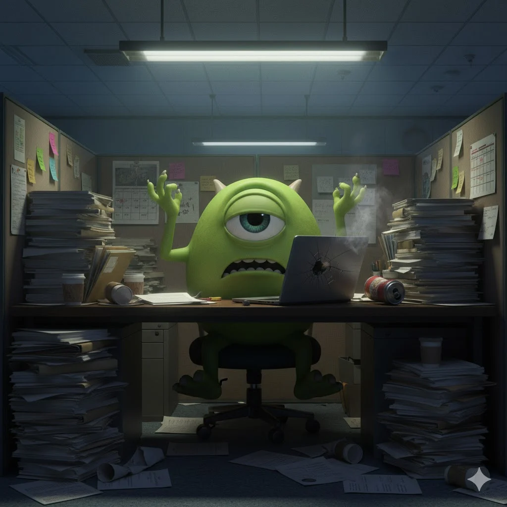 Mike Wazowski sitting at an office desk surrounded by piles of papers and a broken laptop