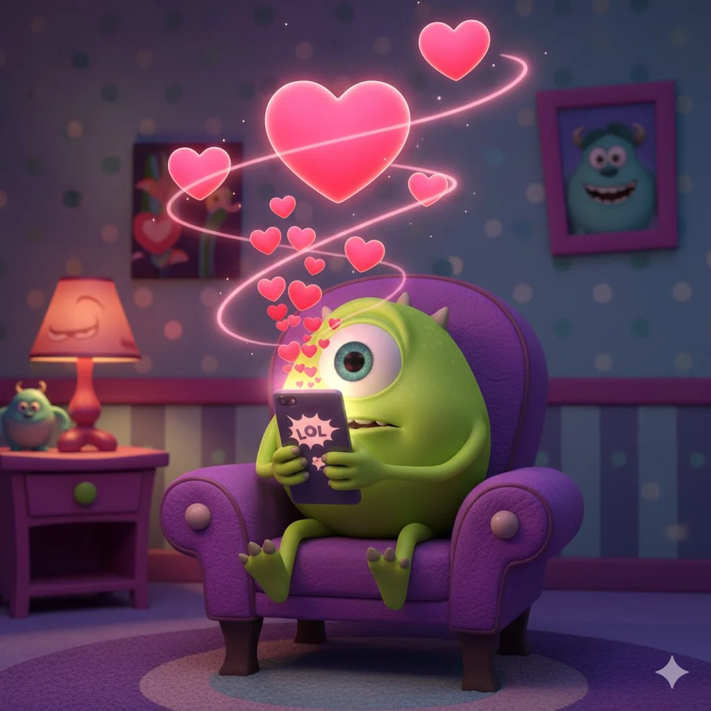 Mike Wazowski texting on his phone with heart emojis flying around