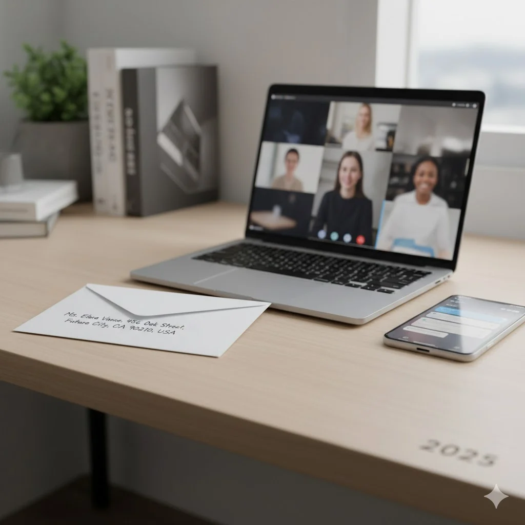 Neatly addressed envelope placed beside modern devices showing why addressing envelopes still matters in 2025.
