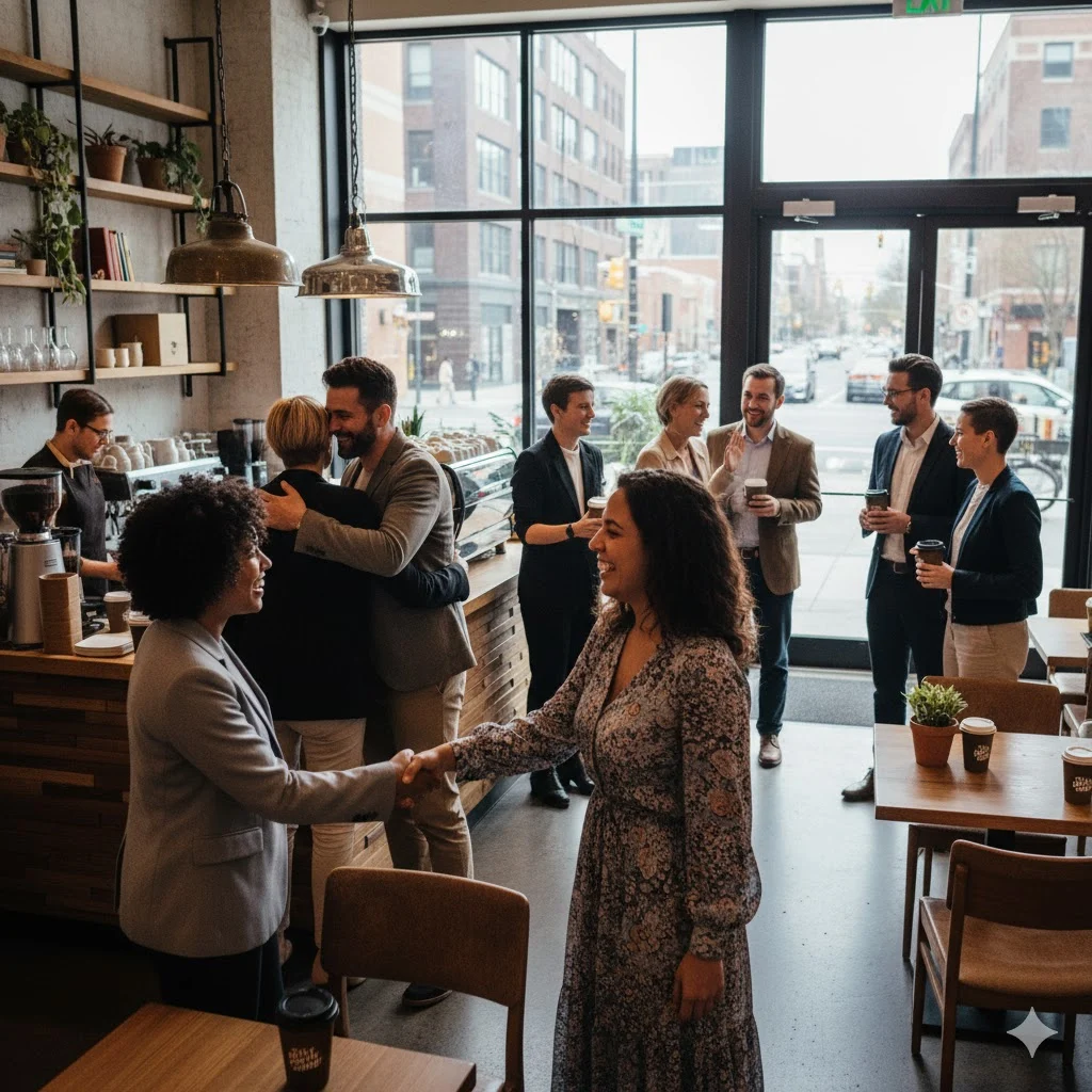 People exchanging Buenas tardes greeting in afternoon setting