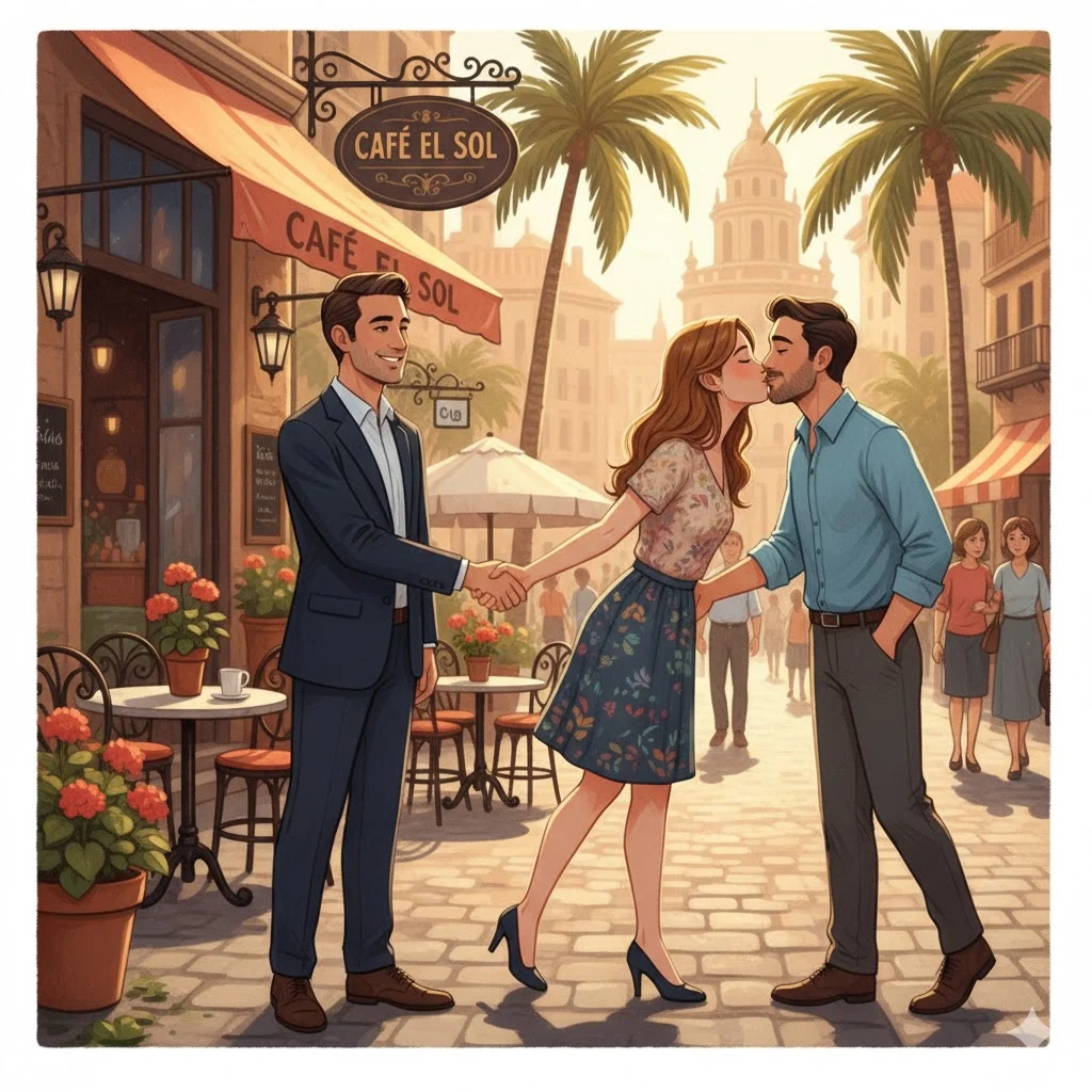 People greeting each other in a Spanish-speaking culture with handshake and cheek kiss, showing respect and friendliness