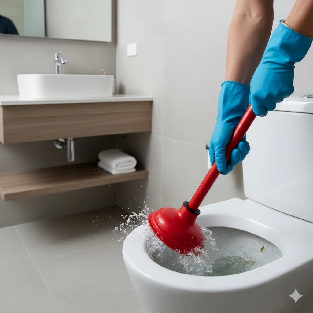 Person using a flange plunger to unclog a toilet in a modern bathroom
