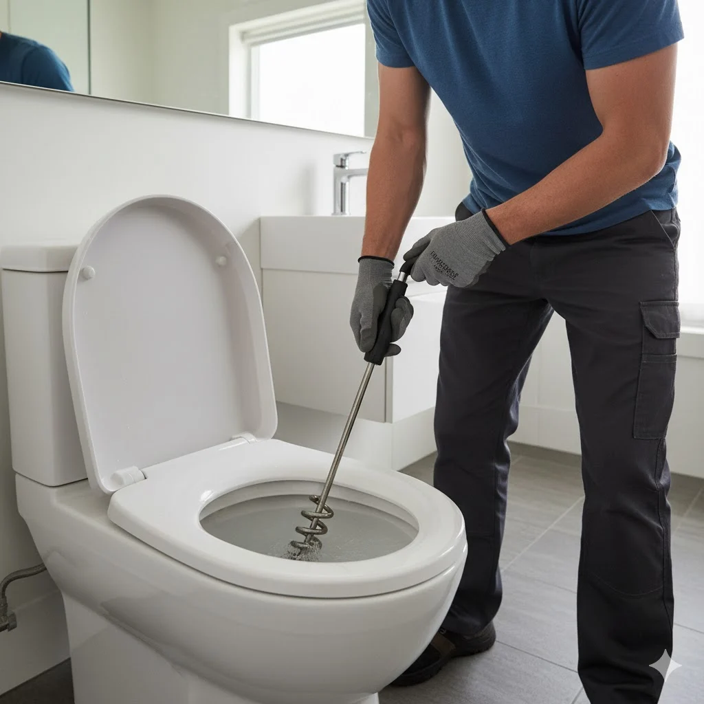 Person using a toilet auger to remove a stubborn clog in a toilet