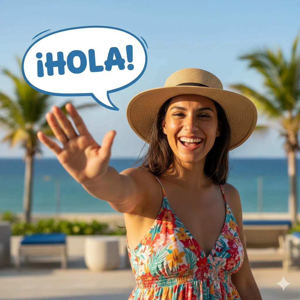 Person waving and saying Hola in Spanish greeting