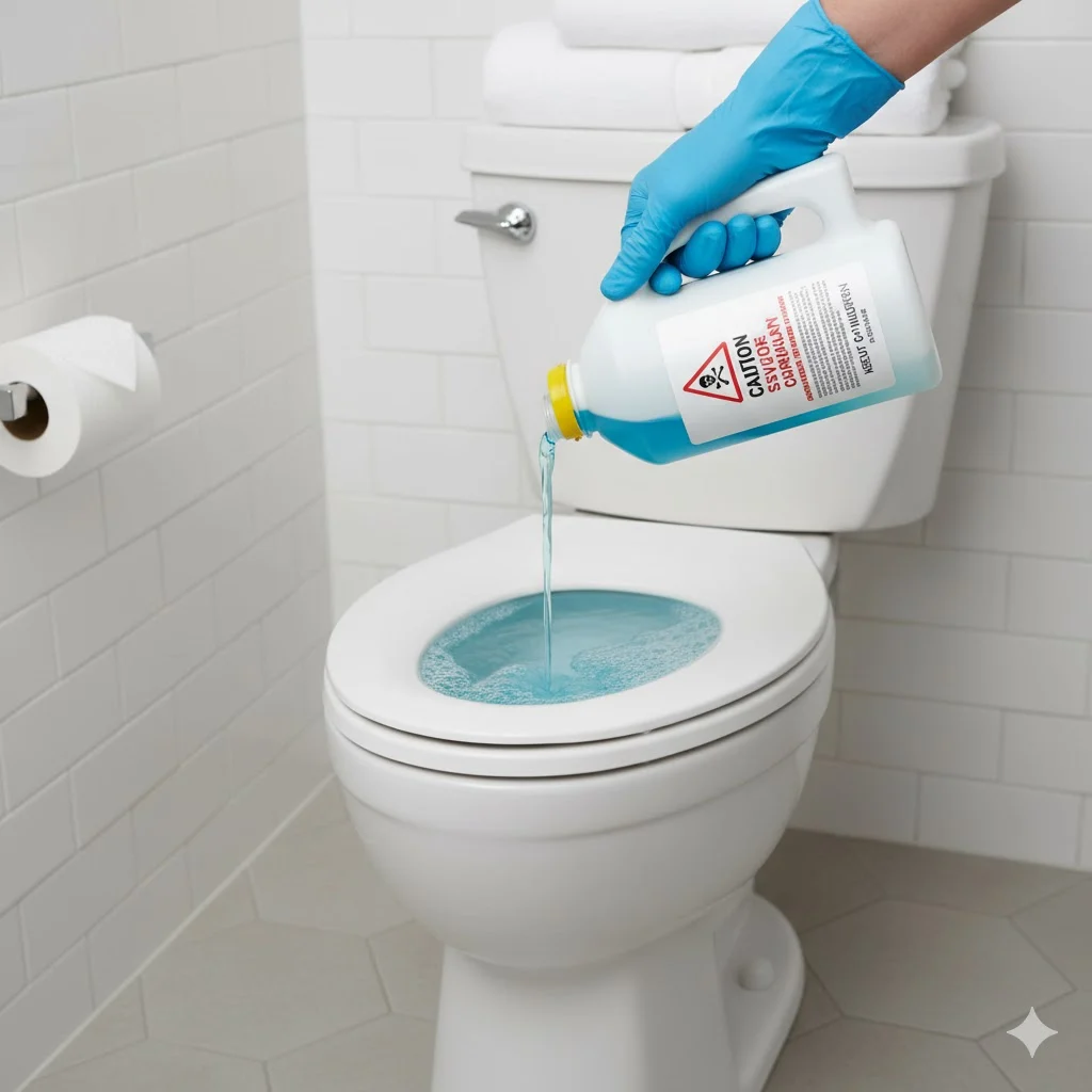 Pouring chemical drain cleaner into a toilet while wearing gloves as last resort