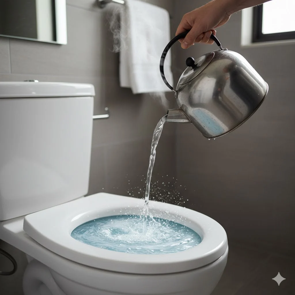 Pouring hot water and dish soap into a toilet to unclog it naturally