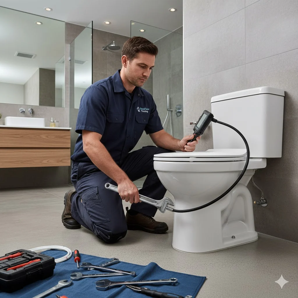 Professional plumber inspecting a toilet with tools to fix a clog