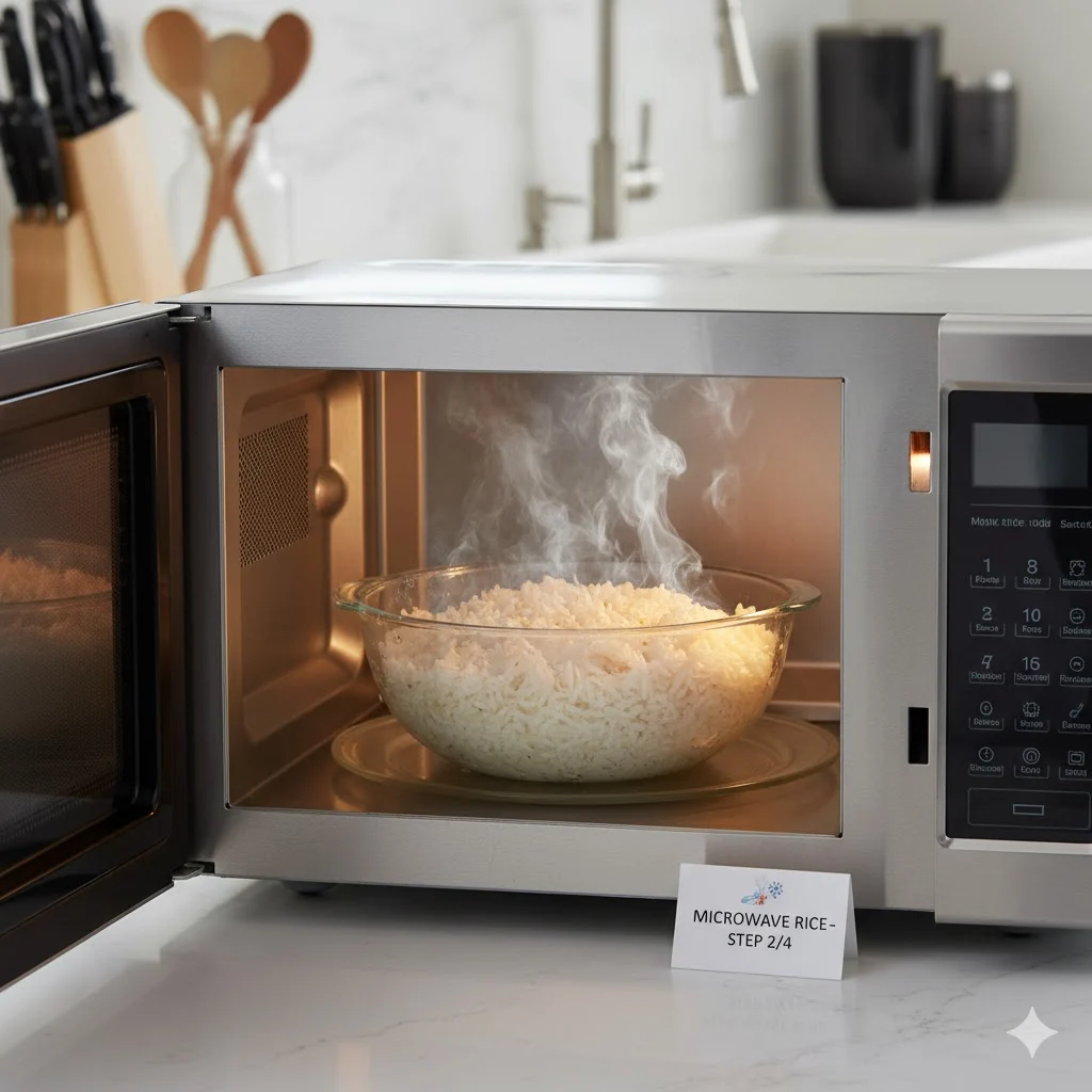 Rice cooking in a microwave-safe bowl inside microwave with steam visible