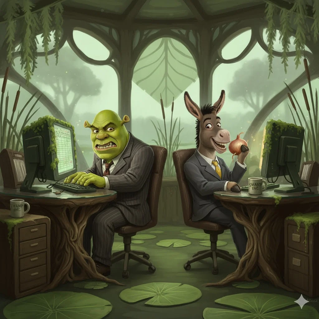 Shrek and Donkey in business suits at desks