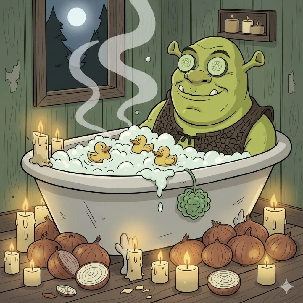 Shrek sitting in a bubble bath with cucumber slices on his eyes