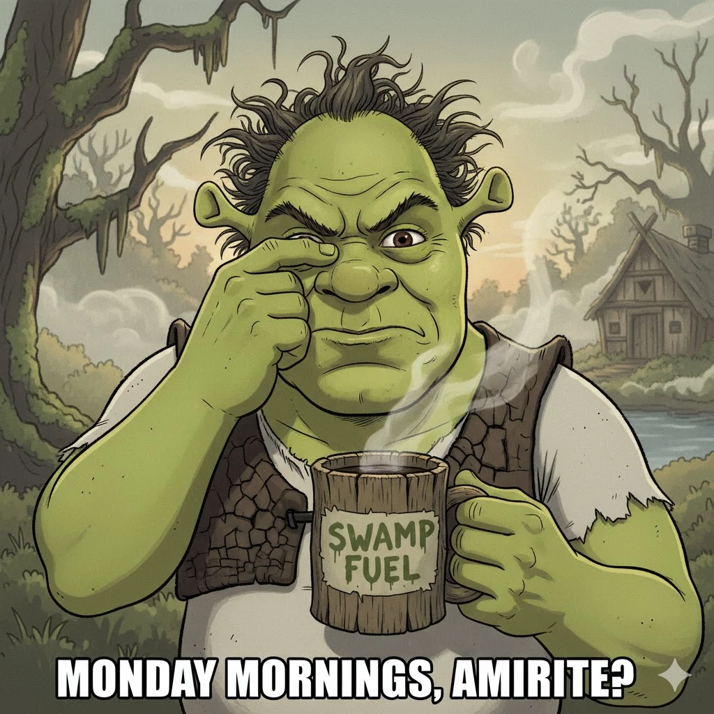 Shrek waking up grumpy with messy hair
