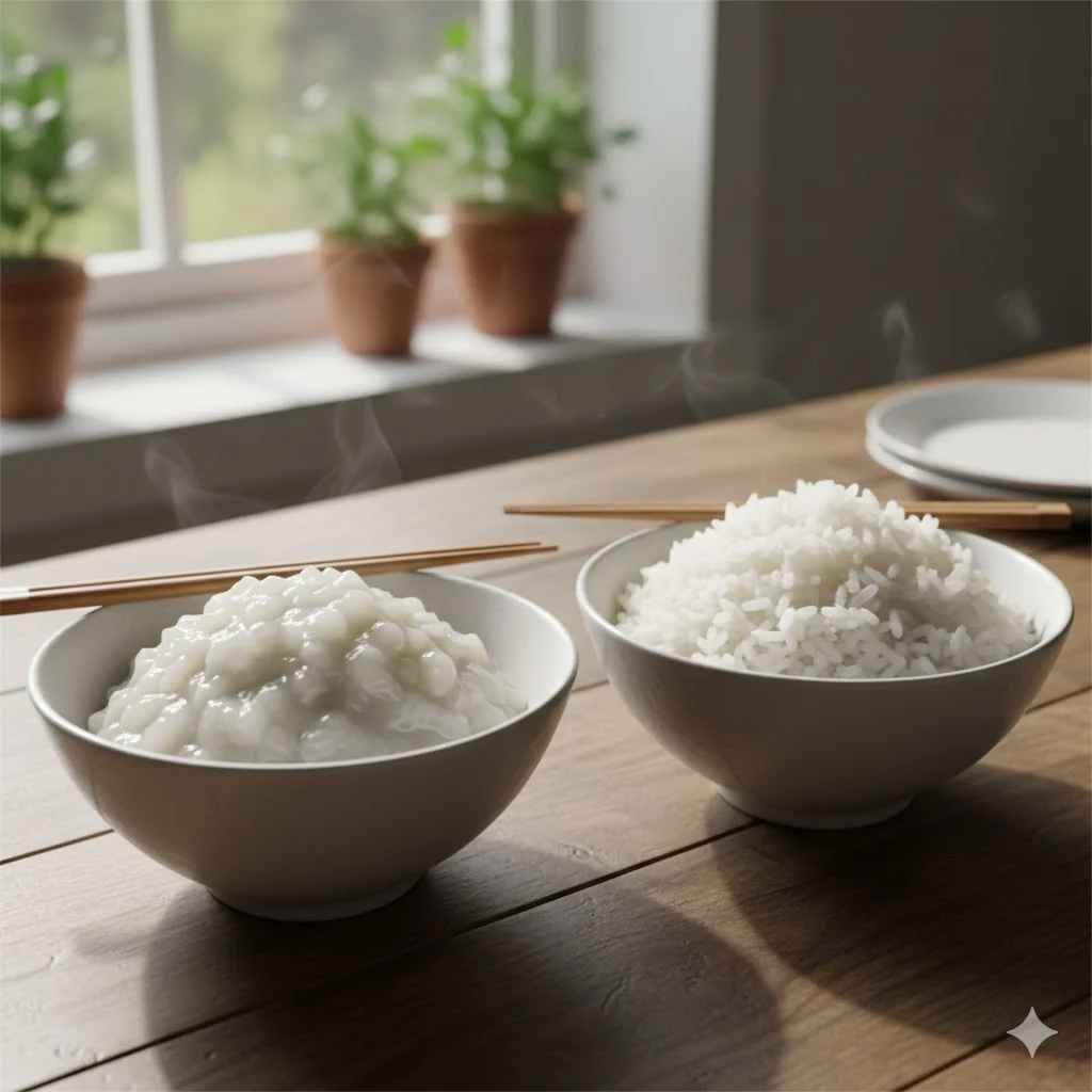 Side-by-side comparison of mushy rice and perfectly cooked fluffy rice