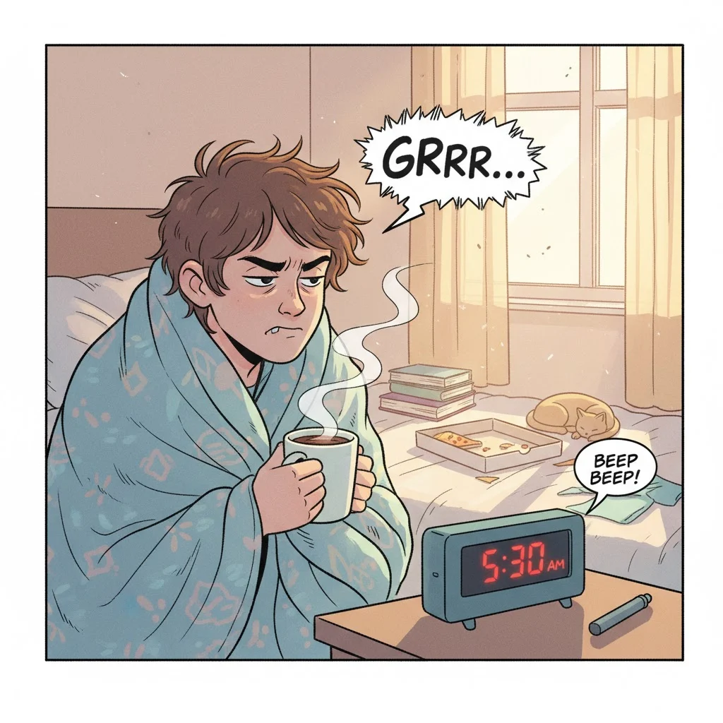 Sleepy person with coffee and alarm clock looking tired