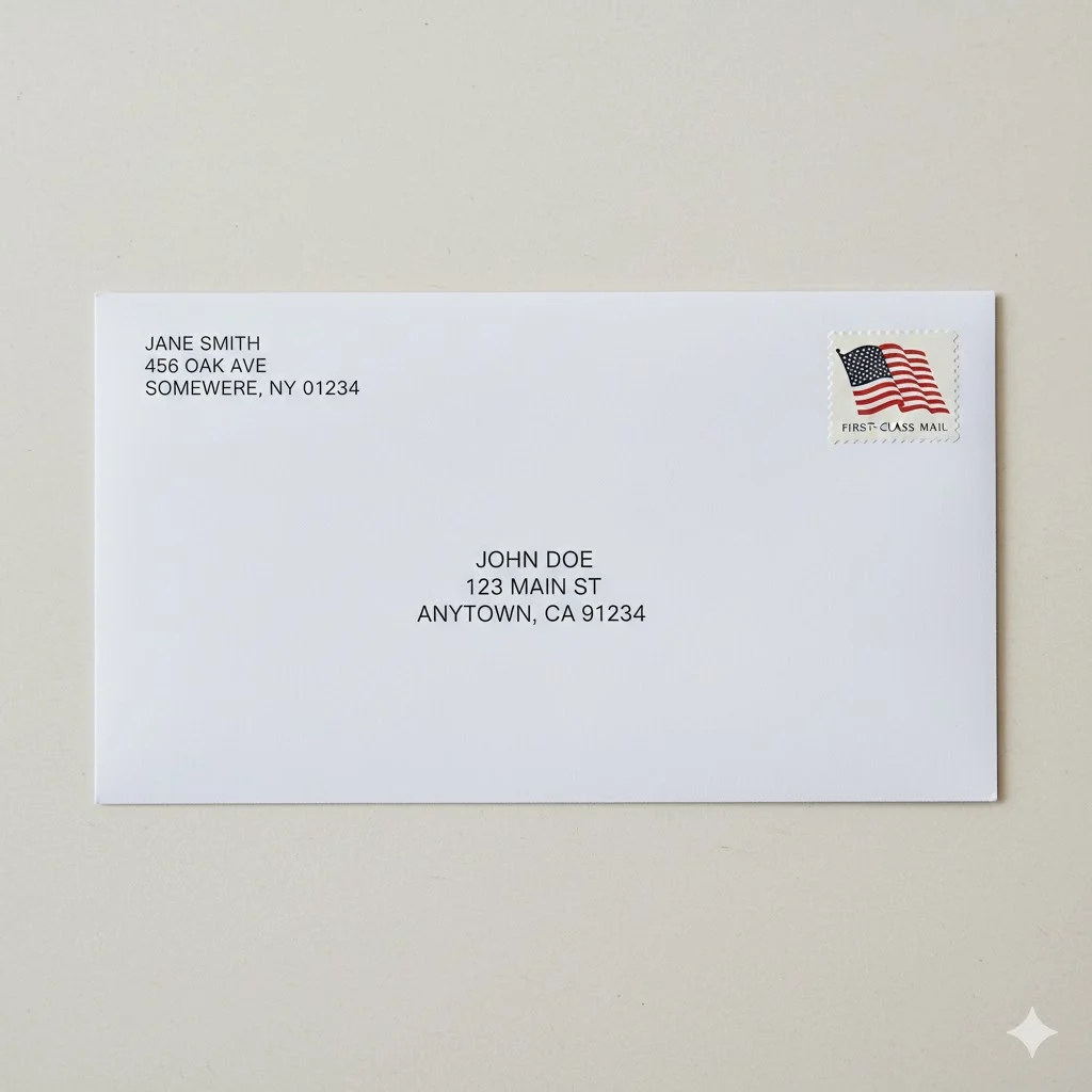 Standard U.S. Postal Service envelope layout showing proper placement of return address, recipient address, and stamp.