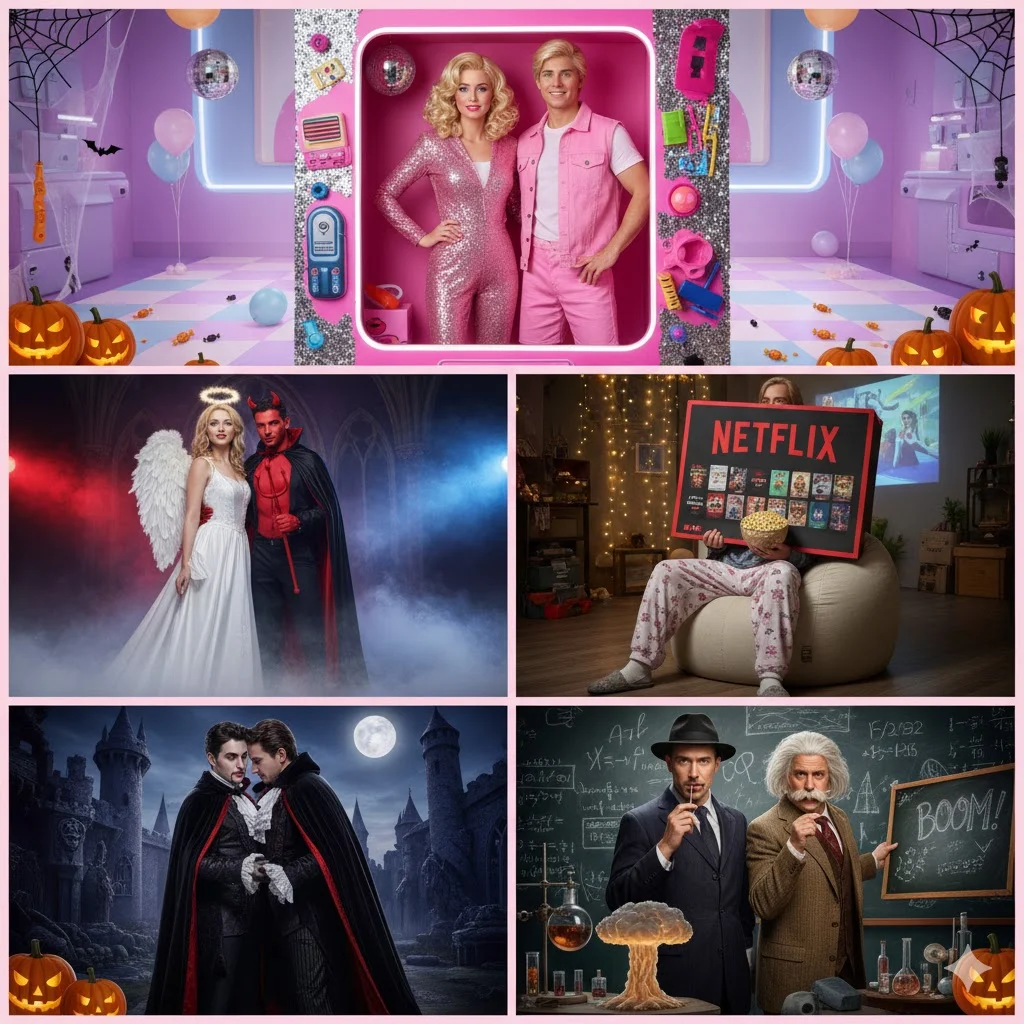 Top trending couples Halloween costumes 2025 collage with five creative outfits.