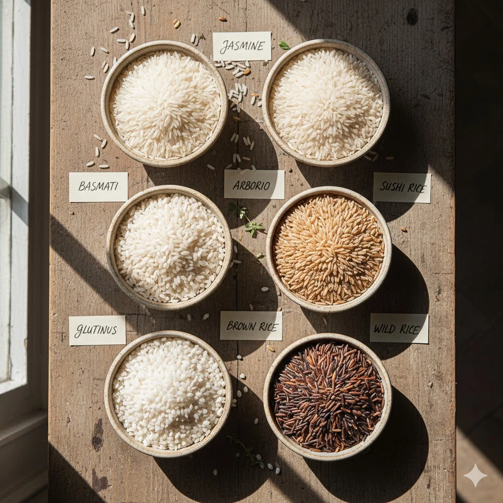 Various types of rice in small bowls Basmati, Jasmine, Arborio, Sushi, Brown, and Wild rice, labeled and displayed on a wooden table