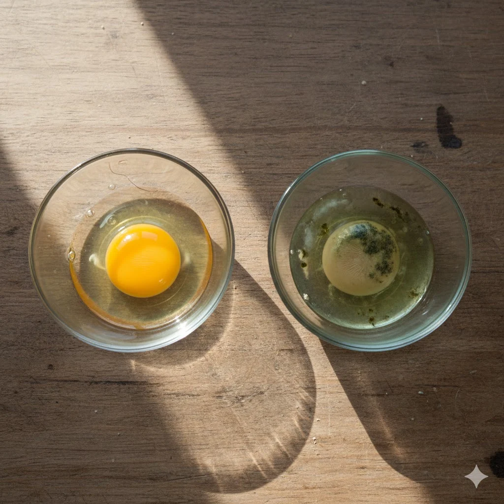 Visual test for bad eggs — comparing fresh and spoiled eggs in bowls