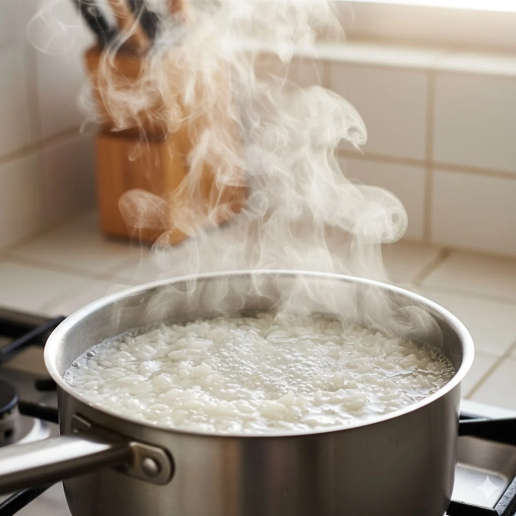White rice cooking in a saucepan on the stove with steam rising