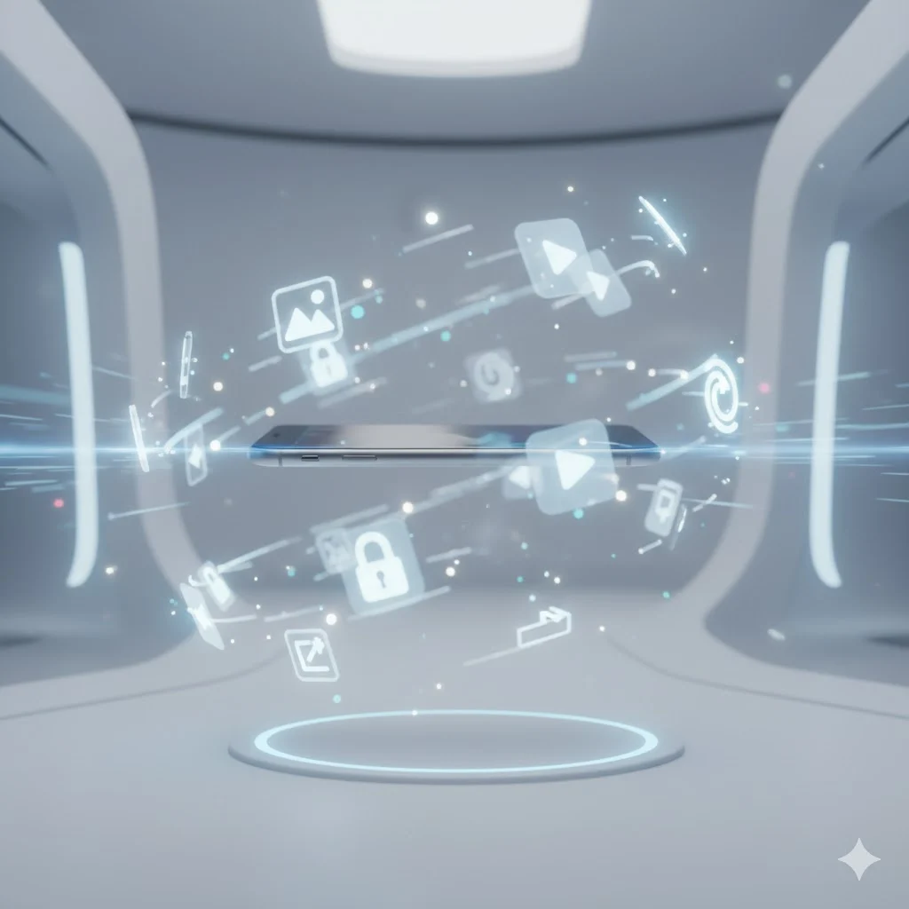 iPhone illustration showing cache storage with images, videos, login sessions, and temporary files