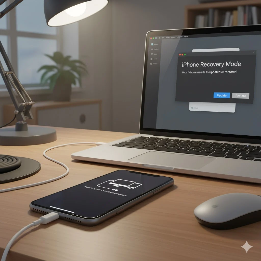 iPhone in recovery mode connected to computer for factory reset